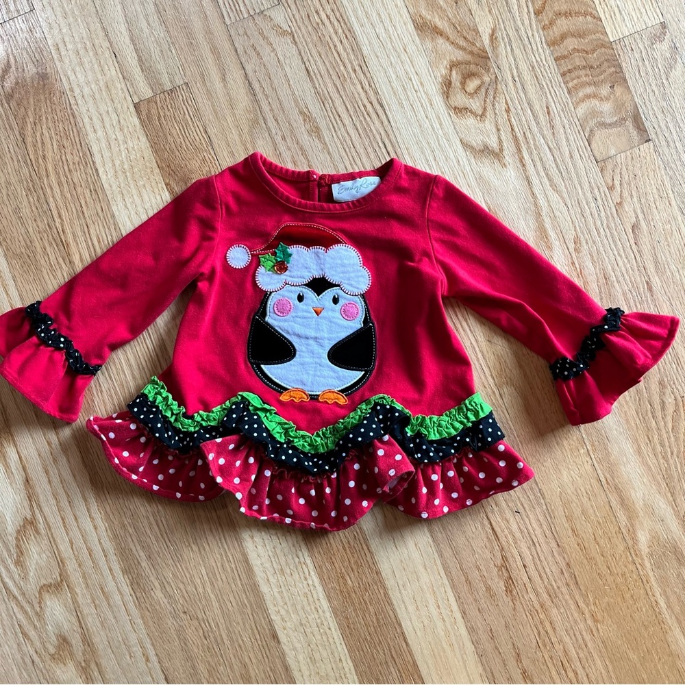 Emily Rose Christmas Holiday Ruffle Shirt With Penguin Girls Size 2T